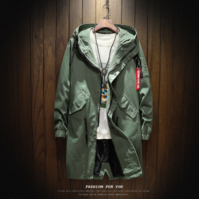 Solid color hooded mid-length trench coat men's jacket