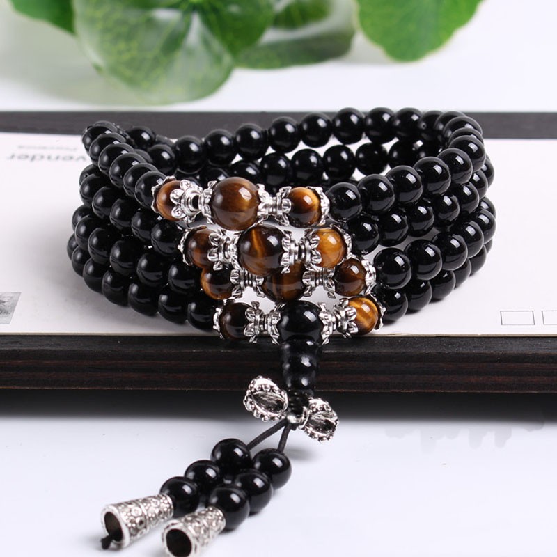 Fatpig Negro Color de Ojo de Tigre Crystal Tíbet Budista Buda Meditación 108 Prayer Bead Mala Pulsera/Collar