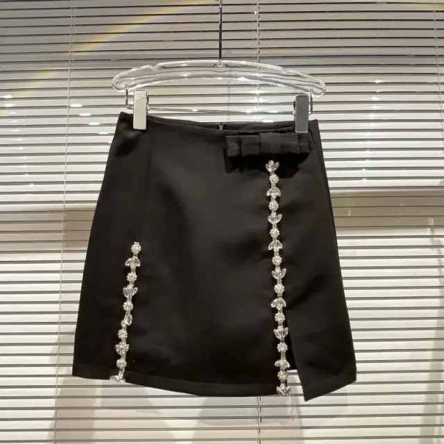 Bow knot Skirt With Large Rhinestone Particles Slit Design Black - Shop at LoveMi