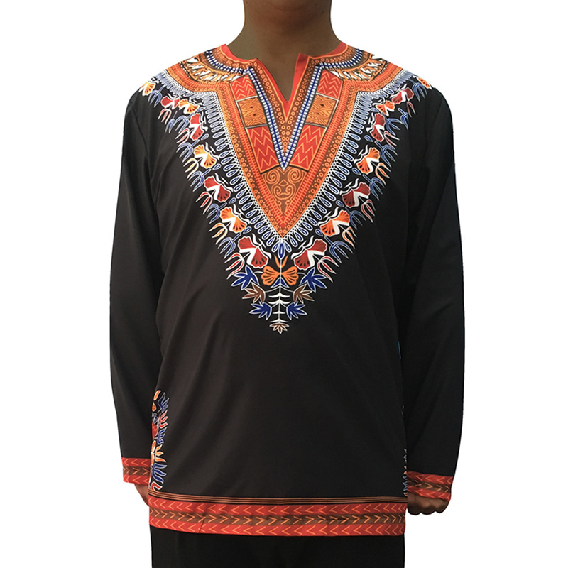 قميص رجالي بأكمام طويلة بطابع عرقي إفريقي رجعي مطبوع