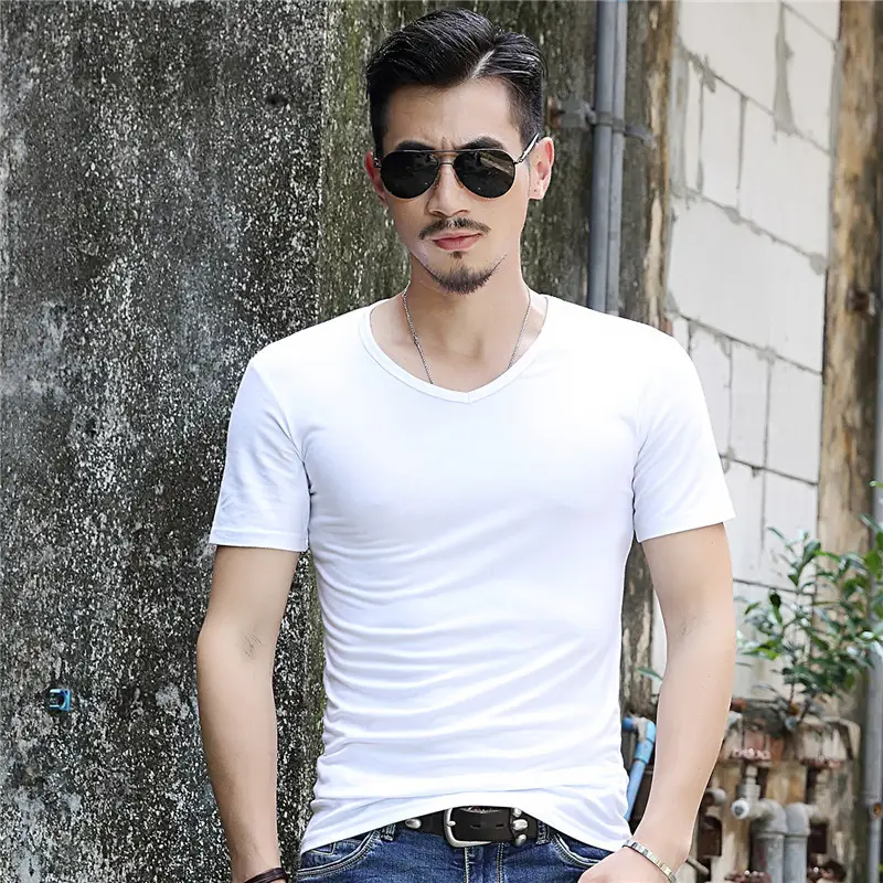 Pure cotton slim V-neck short sleeve