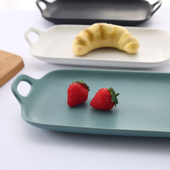 Japanese simple double ear baking tray, home ceramic tableware, matt glaze, rectangular plate, dessert plate