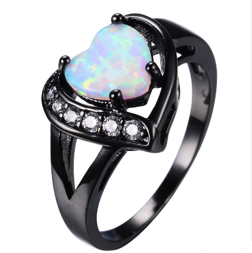 Female white Fire Opal Heart with zircon ring black gold ring promise engagement ring White - Shop at LoveMi