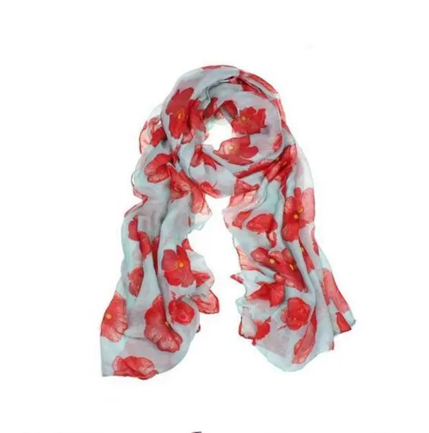 Red Poppy Scarf Print Long Scarves Flower - Light Blue