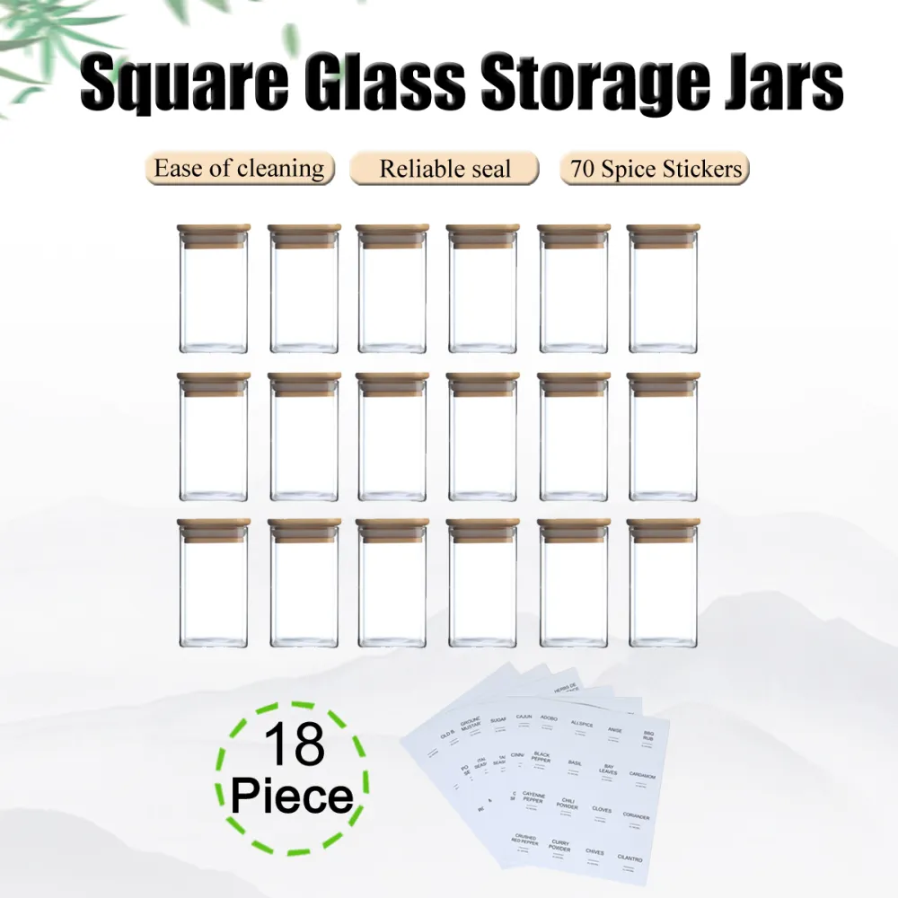 18 Pcs Square Spice Jars With 72 Stickers, Kitchen Pepper Jars For Salt Seasoning, Snacks, Tea, Coffee