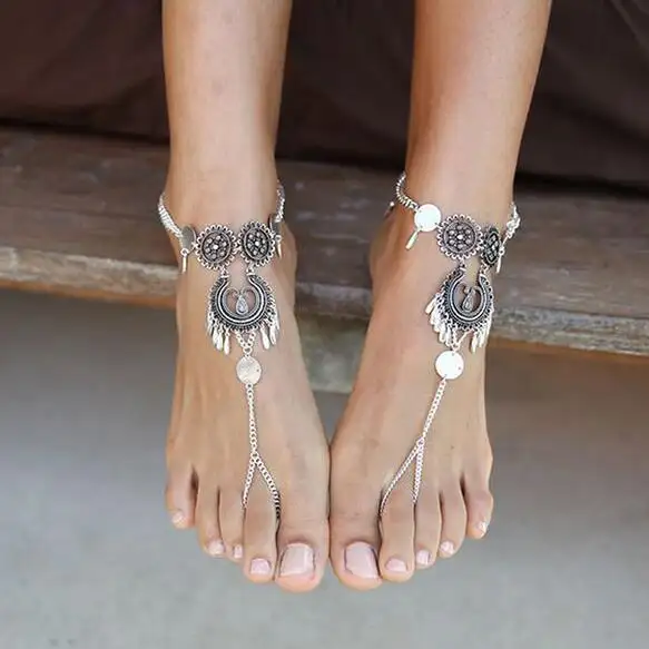 Bohemian Jewelry Antique Silver Color Hollow Flower Chain Anklets