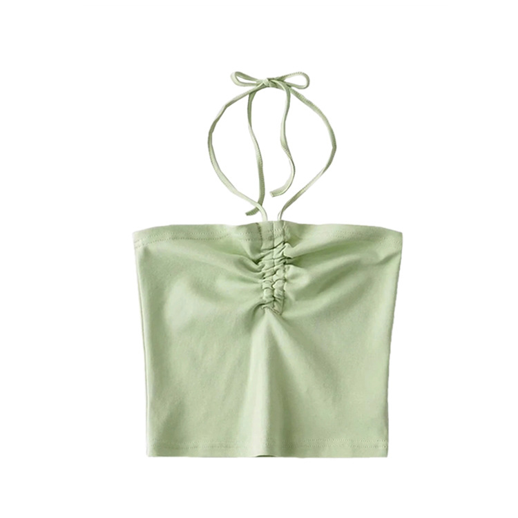 Slim Short Tube Top Design Sense Drawstring Pleated Halterneck Strap