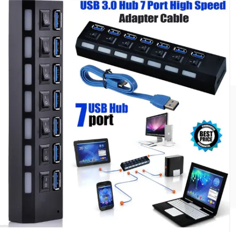 7port Usb3.0 External Hub High Speed with Power Adapter