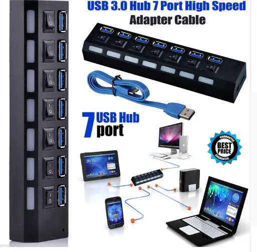 7port Usb3.0 External Hub High Speed with Power Adapter