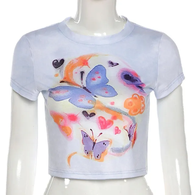White Butterfly Print Round Neck Slim Fit White - Shop at LoveMi