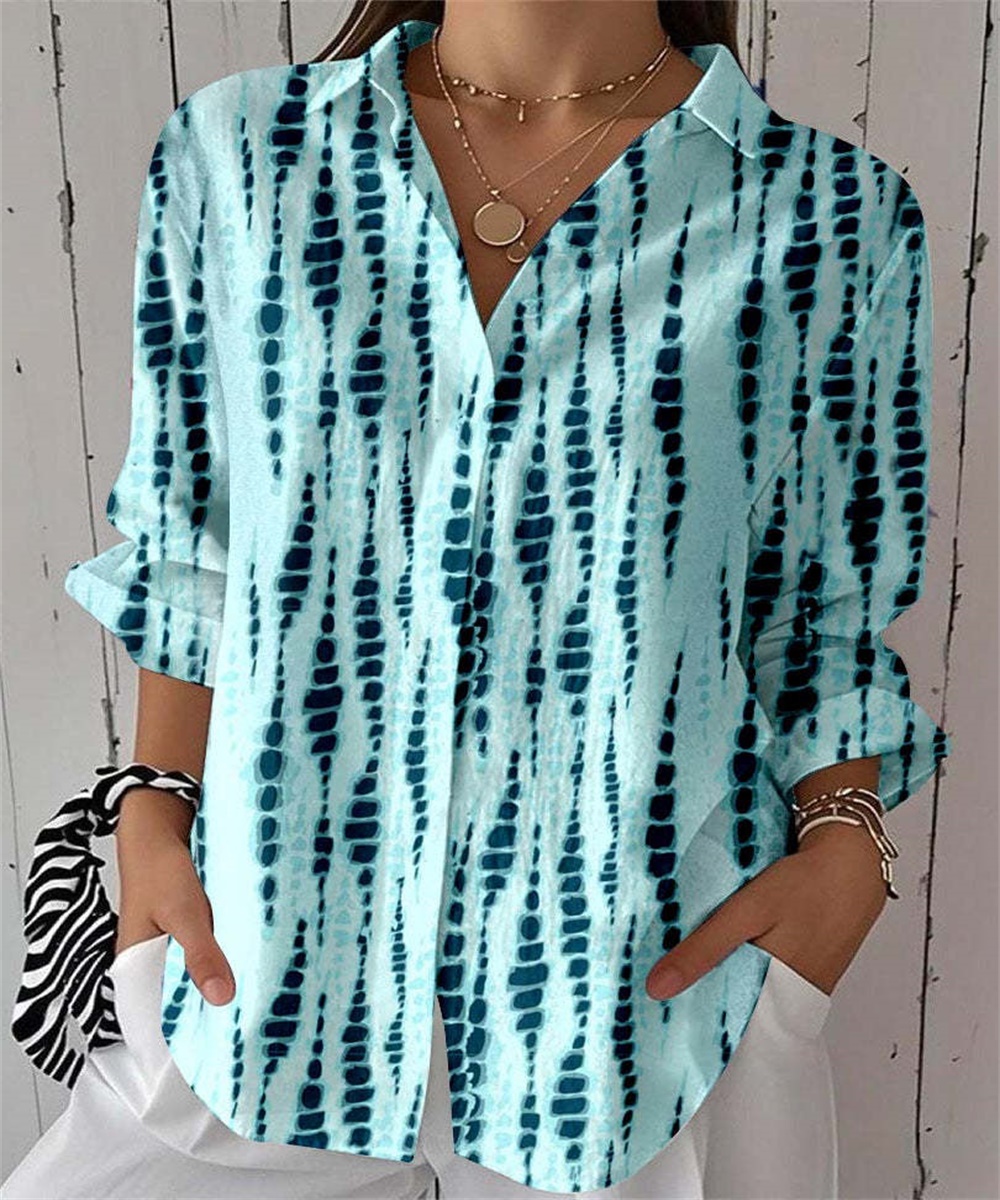 Women Tie Dye Print Button Down Shirt, Long Sleeve Lapel V Neck Casual Blouse