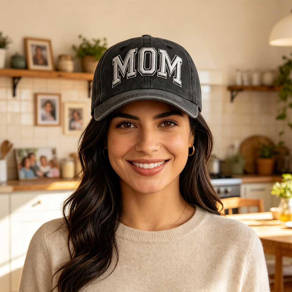 Vintage Washed Black MOM Embroidery Baseball Cap, Women Casual Hat