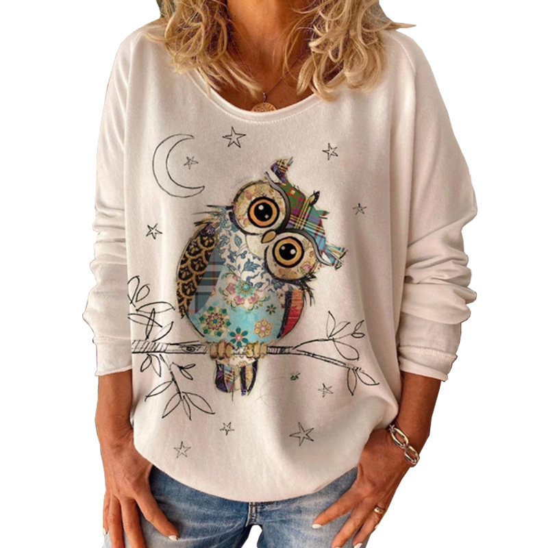 Title 2, Owl Animal Print Long Sleeved Round Neck Loose