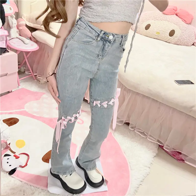Women's High Waist Lace-up Slim Straight Jeans