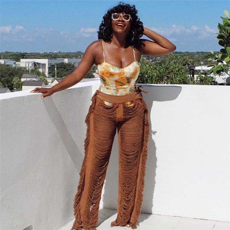 Women's Cutout Shredded Tassel Slim Fit Straight Casual Trousers Coffee - Shop at LoveMi