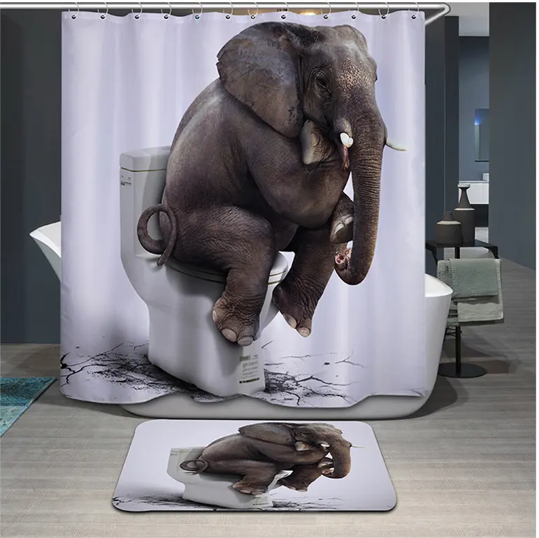 Funny Animals Elephant Pattern Polyester Shower Curtain Glasses Dog