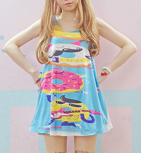 قميص طويل بلا أكمام بطبعة دوناتس لطيفة للبنات، أزرق فاتح،ستايل هاراجوكو