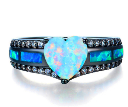 Multicolor Heart Zircon Blue White   Fire Opal Rings For Women Vintage Fashion Black Gold Filled Birthstone Ring