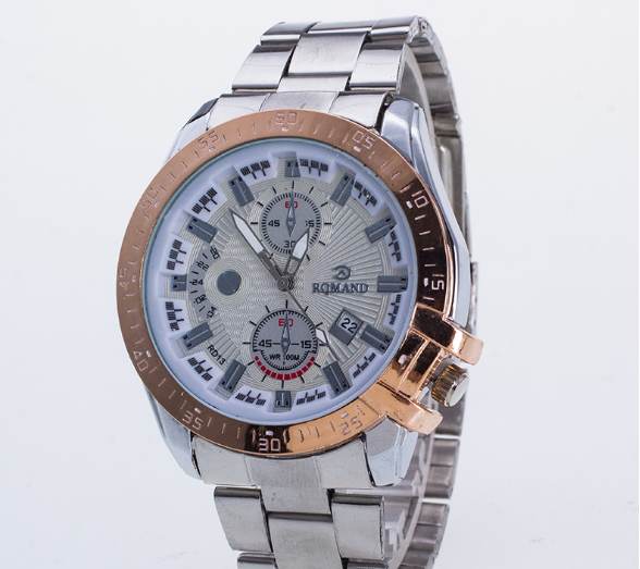 High grade fashionable steel belt, men's sports quartz watch, calendar, false three eye dial, foreign trade popular Watch