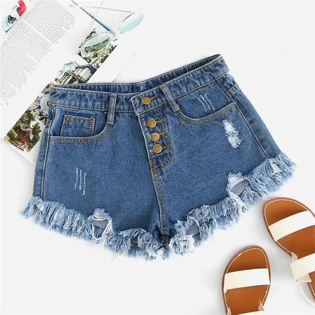 Blue Distressed Frayed Shorts Blue - Shop at LoveMi
