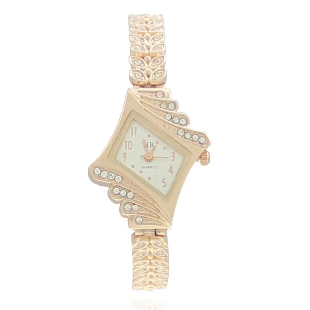 Stone Paved Wheat Shaped Metal Wristwatch for Women Rose