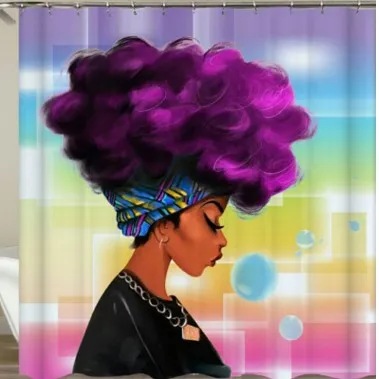 African American 3D Retro Style Print Waterproof Polyester Shower Curtain With 12 Hooks For Bathroom Decor Blue Hair Afro Girl 120X180 - Shop at LoveMi