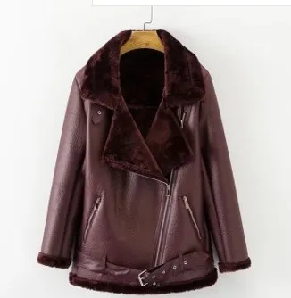 New Winter Fashion Artificial Fur Zipper Coat Pockets Warm Couples Sashes Leather Jackets Woman Burgundy - Shop at LoveMi
