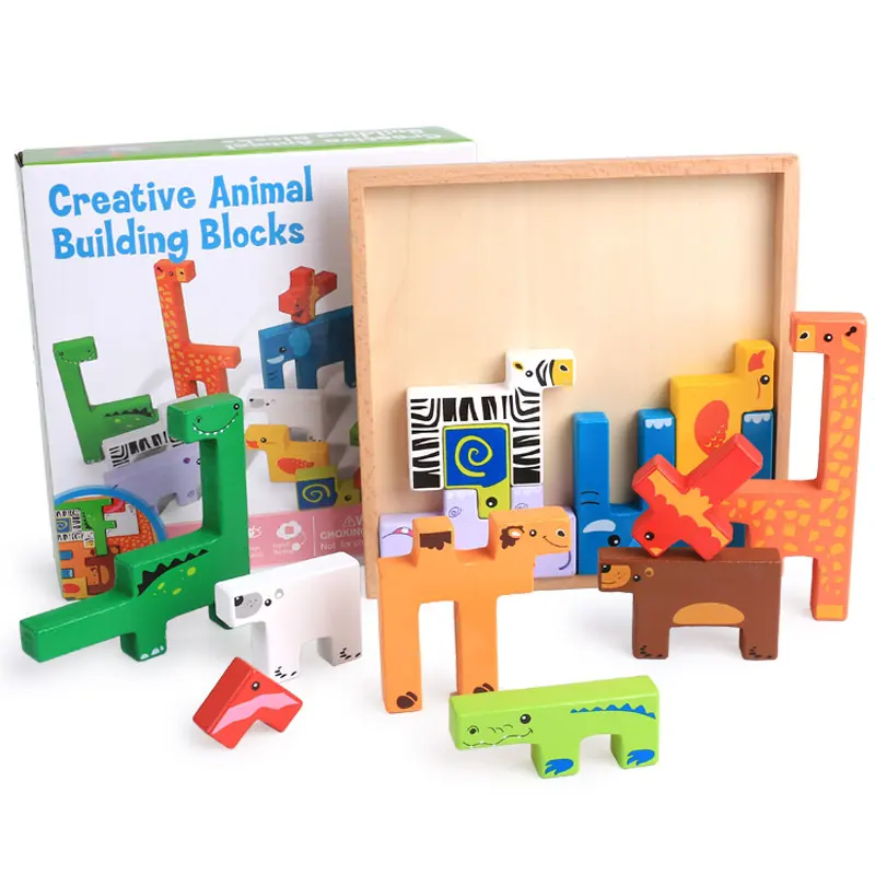 High Quality Baby Wooden Toys 3D Blocks Animal Building