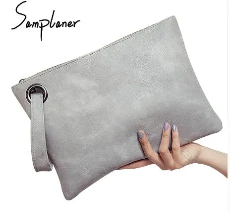 Big Solid Women's Clutch Bag Leather Zipper Wristlets Women Envelope Bag Lady's Evening Bag Female Clutches Handbag - Gray