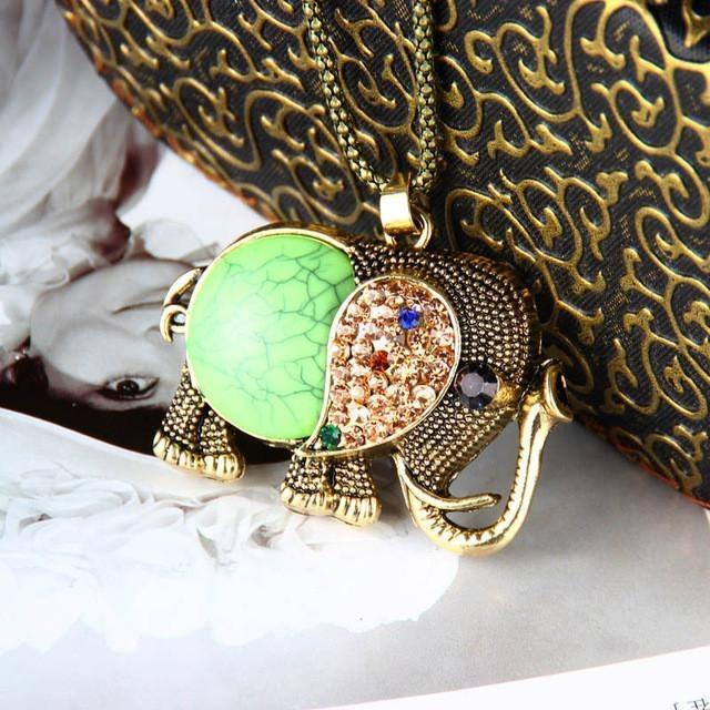 Vintage Long Gemstone Elephant Pendant Necklace