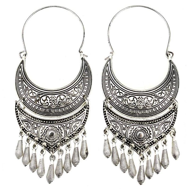 Tribal Antique StyleBohemian Vintage Moon Long Tassel Earrings
