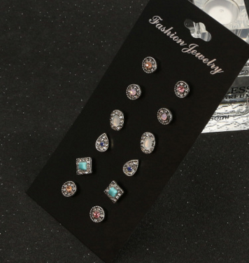 6 Pairs Set Ethnic Earrings Rhinestone  Flower Shape Stud Earring