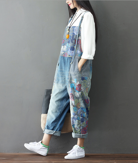 Women's Wide Leg Jeans Full Length Loose Denim Overalls Washed Print Ripped Hole Overalls