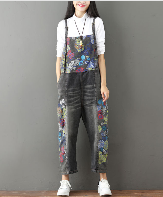 Women's Wide Leg Jeans Full Length Loose Denim Overalls Washed Print Ripped Hole Overalls Black - Shop at LoveMi