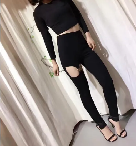 Punk Women Pants Hollow Out Leg Ring High Waist Thin Pencil Pants S M - Shop at LoveMi