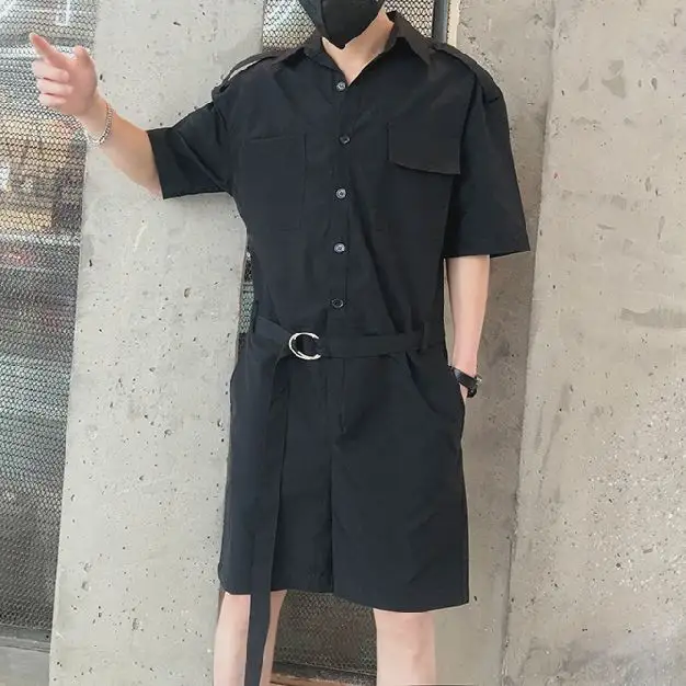 Fashion Men Romper Jumpsuit with Belt Half Sleeve Streetwear