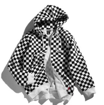European and American tide card checkerboard black and white checked, cardigan, sweater, autumn winter couple trend thickened hat coat, men and women White - Shop at LoveMi