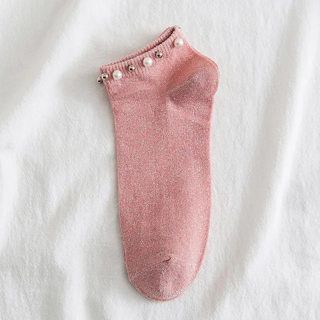 New Female Handmade Beaded Silver Silk Pearl Boat Socks Pink - Shop at LoveMi