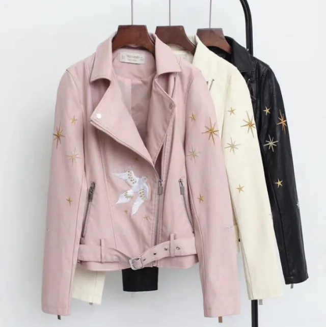 Embroidered leather coat Pink - Shop at LoveMi