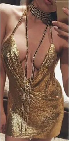Ladies Sequined Party Dress - Golden - View 1