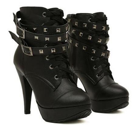 Women Black Ankle Boots Motorcycle Thin High Heel Double Buckle Black - Shop at LoveMi