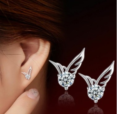 Wome's Silver Color Jewelry Angel Wings Crystal Ear Stud