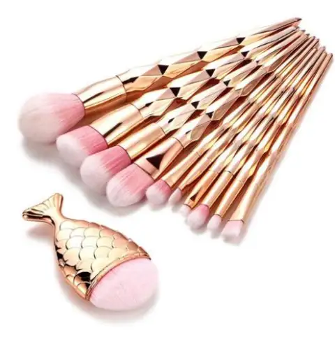 11Pcs Diamond Rose Gold Makeup Brushes Set Mermaid Fishtail