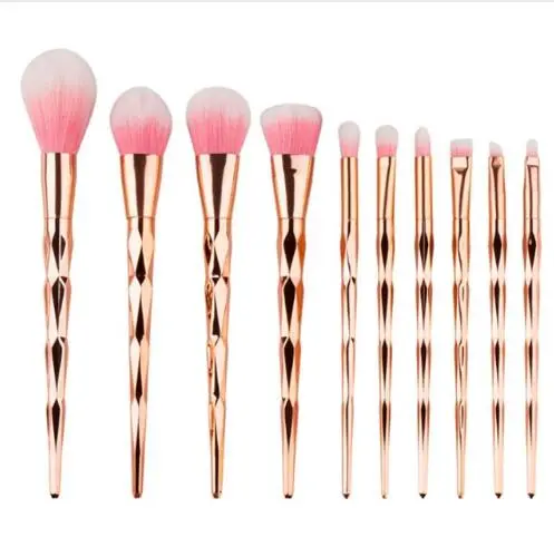 Diamond Rose Gold Makeup Brushes Set Mermaid Fishtail Shaped Foundation Powder Cosmetics Brush Rainbow Eyeshadow Brush Kit - 10Pcs