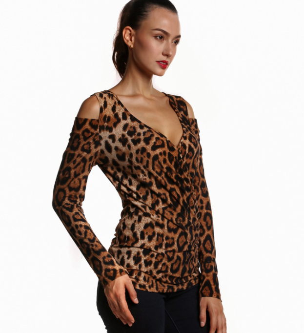 AliExpress ebay2021 Europe and the United States spring new leopard print deep v collar sexy Slim shoulder long-sleeved shirt female