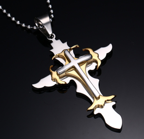 Modyle Stainless Steel Men's Large Layered Cross Pendant Necklace for Men Jewelry with 24 Inch Box Chain