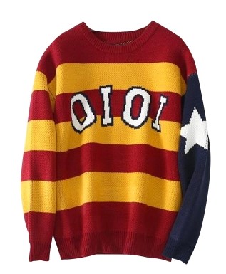 New striped coloured sleeves sweater ladies shortwinterround collar warm knitted sweater