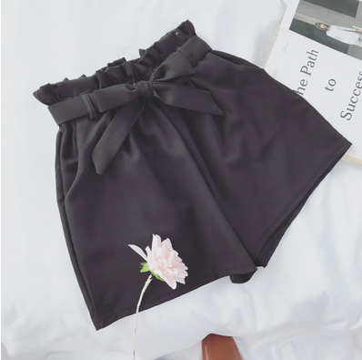 Summer Korean Bow Tie Shorts Loose slimming high waist wide leg pants hot pants Black - Shop at LoveMi