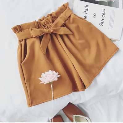Summer Korean Bow Tie Shorts Loose slimming high waist wide leg pants hot pants Brown - Shop at LoveMi