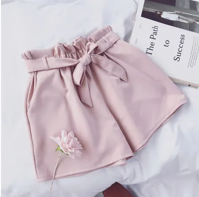 Summer Korean Bow Tie Shorts Loose slimming high waist wide leg pants hot pants Pink - Shop at LoveMi